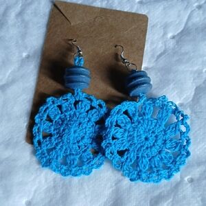 Handmade Bright Blue Crochet Disk Dangle Earrings